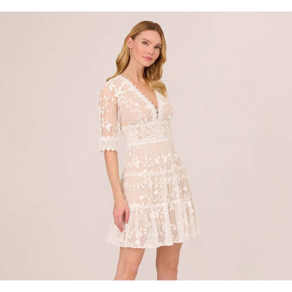 NWT Adrianna Papell Lace Embroidered V Neck Dress With Elbow Sleeves In Ivory